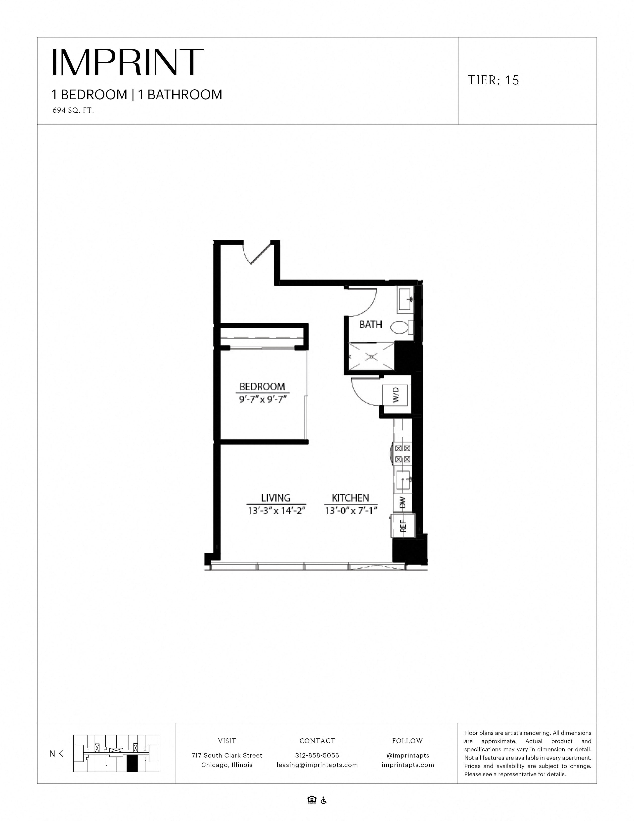 Floor plan for 1 bed, 1 bath, 694 sqft